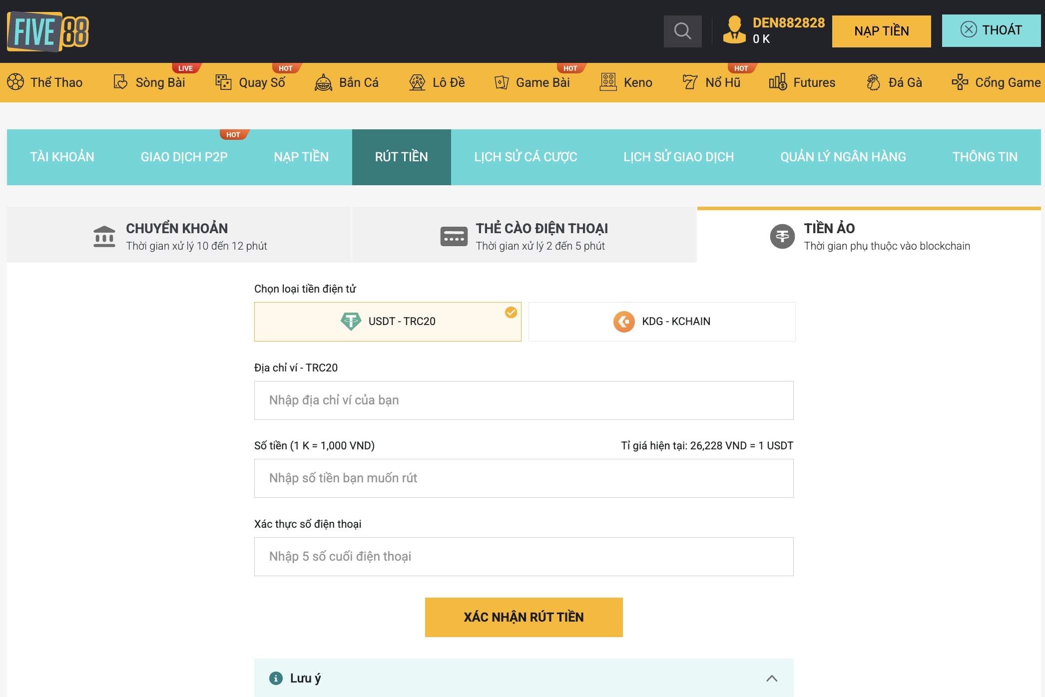 rút tiền ảo tại Five88