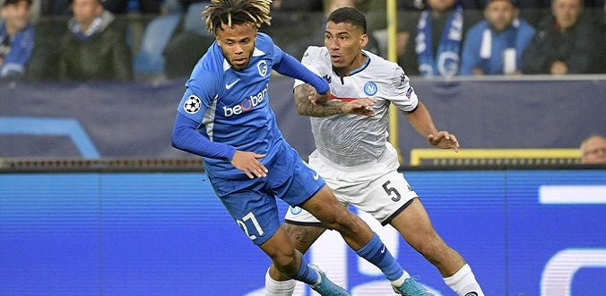 Genk's Theo Bongonda and Napoli's Allan fight for the ball during the match between Belgian soccer team RC Genk and Italian club SSC Napoli, Wednesday 02 October 2019 in Genk, on the second day (out of 6) of the group stage of the UEFA Champions League. BELGA PHOTO YORICK JANSENS (Photo by YORICK JANSENS/BELGA MAG/AFP via Getty Images)