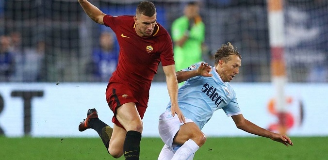 November 18, 2017 - Rome, Italy - Edin Dzeko of Roma and Lucas Leiva of Lazio during the Italian Serie A football match AS Roma vs Lazio on November 18, 2017 at the Olympic stadium in Rome. AS Roma v SS Lazio - Serie A PUBLICATIONxINxGERxSUIxAUTxONLY - ZUMAn230 20171118_zaa_n230_261 Copyright: xMatteoxCiambellix